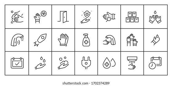 Set of Washing Hands Vector Line Icons. Contains such Icons as Coronavirus, Contactless Water Tap, Antiseptic, Washing Instruction, Hand Dryer, Soap and more. Editable Stroke. 32x32 Pixels.