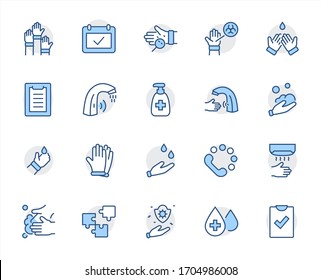 Set of Washing Hands Vector Line Icons. Contains such Icons as Coronavirus, Contactless Water Tap, Antiseptic, Washing Instruction, Hand Dryer, Soap and more. Editable Stroke. 32x32 Pixels.