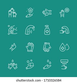 Set of Washing Hands Vector Line Icons. Contains such Icons as Coronavirus, Contactless Water Tap, Antiseptic, Washing Instruction, Hand Dryer, Soap and more. Editable Stroke. 32x32 Pixels.