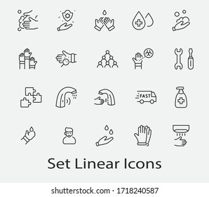 Set of Washing Hands Vector Line Icons. Contains such Icons as Coronavirus, Contactless Water Tap, Antiseptic, Washing Instruction, Hand Dryer, Soap and more. Editable Stroke. 32x32 Pixels
