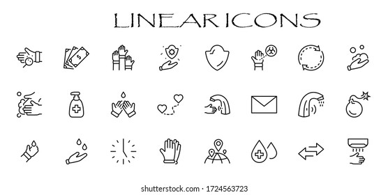 Set of Washing Hands Vector Line Icons. Contains such Icons as Coronavirus, Contactless Water Tap, Antiseptic, Washing Instruction, Hand Dryer, Soap and more. Editable Stroke. 32x32 Pixels