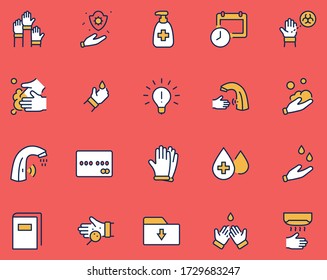 Set of Washing Hands Vector Line Icons. Contains such Icons as Coronavirus, Contactless Water Tap, Antiseptic, Washing Instruction, Hand Dryer, Soap and more. Editable Stroke. 32x32 Pixels.