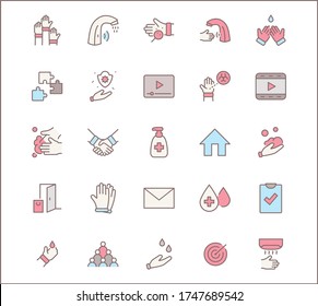 Set of Washing Hands Vector Line Icons. Contains such Icons as Coronavirus, Contactless Water Tap, Antiseptic, Washing Instruction, Hand Dryer, Soap and more. Editable Stroke. 32x32 Pixels.