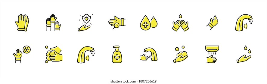 Set of Washing Hands Vector Line Icons. Contains such Icons as Coronavirus, Contactless Water Tap, Antiseptic, Washing Instruction, Hand Dryer, Soap and more. Editable Stroke. 32x32 Pixels.