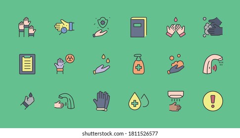 Set of Washing Hands Vector Line Icons. Contains such Icons as Coronavirus, Contactless Water Tap, Antiseptic, Washing Instruction, Hand Dryer, Soap and more. Editable Stroke. 32x32 Pixels.