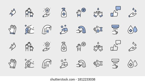Set of Washing Hands Vector Line Icons. Contains such Icons as Coronavirus, Contactless Water Tap, Antiseptic, Washing Instruction, Hand Dryer, Soap and more. Editable Stroke. 32x32 Pixels.