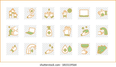 Set of Washing Hands Vector Line Icons. Contains such Icons as Coronavirus, Contactless Water Tap, Antiseptic, Washing Instruction, Hand Dryer, Soap and more. Editable Stroke. Pixels.