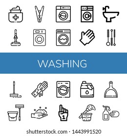 Set of washing icons such as Antiseptic, Mop, Clothespin, Washing machine, Rubber gloves, Bidet, Cleaning brush, Hand washing, Foam hand, Cleaner, Cleaning ,