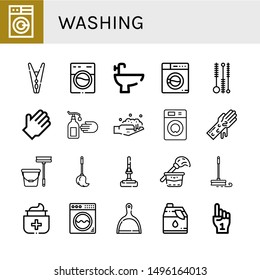 Set of washing icons such as Washing machine, Clothespin, Bidet, Cleaning brush, Rubber gloves, Hand wash, Washing, Hand Mop, Cleaning, Antiseptic, Dustpan ,