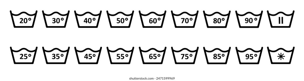 Conjunto de iconos de instrucciones de lavado. Temperatura de lavado en agua fría o caliente.  Información de advertencia.  Lavado a mano o lavado a máquina.  Señal lineal. Ilustración vectorial.