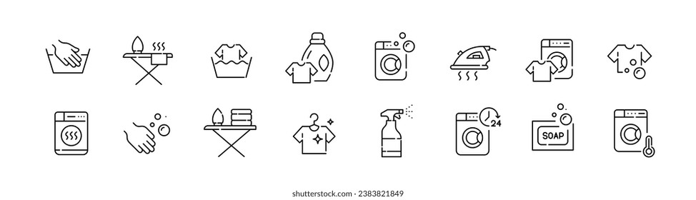 Set of washing and ironing clothes icons. Hand and machine service. Stain removing soap. Pixel perfect vector