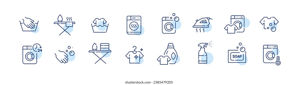 Set of washing and ironing clothes icons. Hand and machine service. Stain removing soap. Pixel perfect