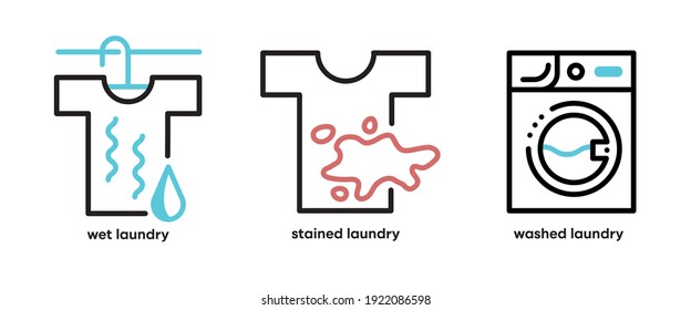 Set of washing and laundry icons. Such Icons include topics such as wet hanging, dirty laundry and washing machine. Colorful wash icon set. Editable Stroke. Logo, web and app and similar icon design.