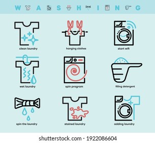 Set of washing and laundry icons. Such Icons include detergent container, hanging clothes, spinning clothes, wifi feature and so on. Colorful wash icon set. Editable Stroke. Logo, web and app.