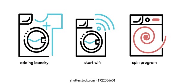 Set of washing and laundry icons. This type of Icons includes topics such as adding clothes, starting wifi and spinning schedule. Colorful wash icon set. Editable Stroke. Logo, web and app.