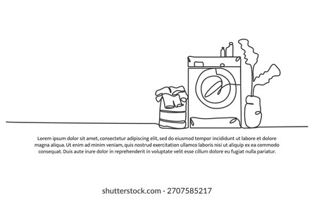Set of washing machine and clothes in the basket one line. Electronic tools. Abstract minimal continuous line isolated on white background.