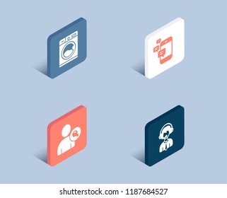 Set of Washing machine, Find user and Communication icons. Shipping support sign. Laundry service, Search person, Smartphone messages. Delivery manager.  3d isometric buttons. Flat design concept