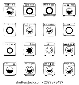 Set of washing machine icon. Hand drawn doodle vector design.