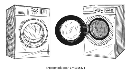 Conjunto de lavadora aislada sobre fondo blanco. Ilustración vectorial de un estilo de esbozo.