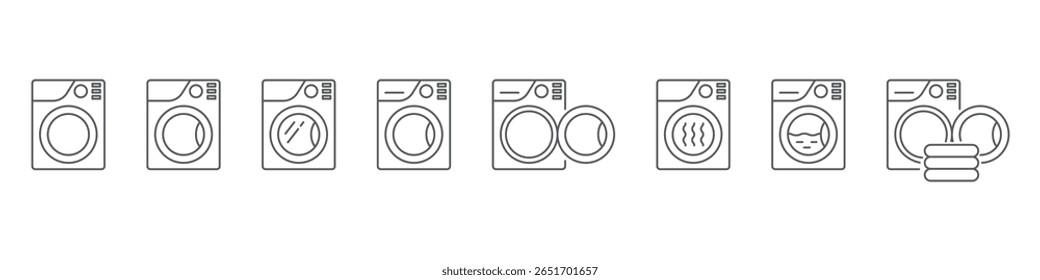 Conjunto de iconos lineales de lavadora aislados sobre fondo transparente. Línea de lavadora con Ilustración vectorial de puerta abierta y cerrada. Trazo editable.