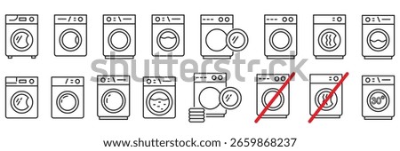 Set of washing machine linear icons isolated on transparent background. Washing machine line icon vector illustration. Sign prohibiting machine wash and machine dryer. Editable stroke.