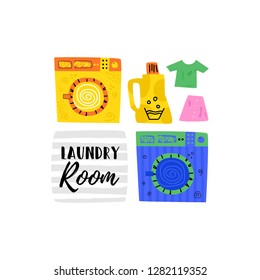 Set washing machine on a white background. Laundry room the kitchen. Concept laundry room. Cartoon vector.
