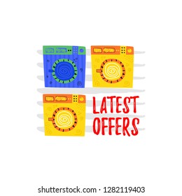 Set washing machine on a white background.  Written by Latest Offers . Concept laundry room. Cartoon vector.