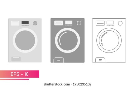 A set. Washing machine in realistic grey design. Linear and solid design. Household appliances for the home. On a white background. Flat vector illustration.
