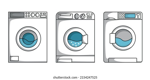 Set of washing machines in flat style. Vector image.