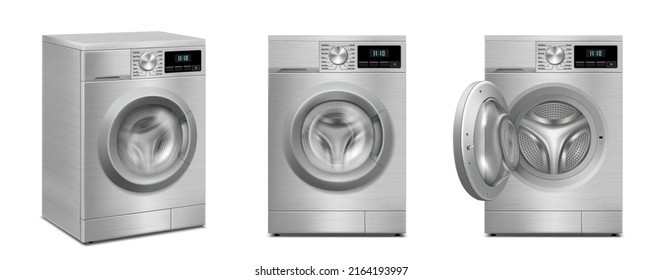 Set of Washing machines isolated on white background. Front view and Perspective view, close-up. 3d realistic vector washer.