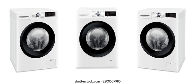 Set of washing machines isolated on white background. Front and perspective view.