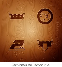 Set Washing modes, Temperature wash, Electric iron and Washer on wooden background. Vector