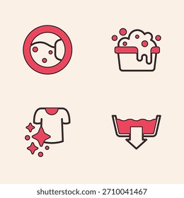 Establecer modos de lavado, lavadora, lavabo con espuma de jabón y secado de la ropa icono. Vector