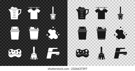 Set Washing powder, Drying clothes, Toilet brush, Sponge, Feather broom, Water tap, Trash can and Bucket with foam icon. Vector