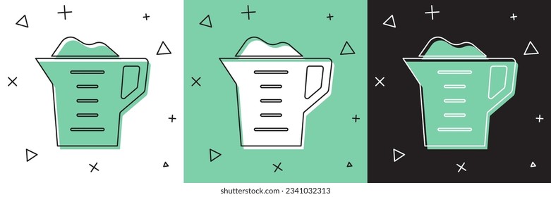 Set Washing powder in a measuring cup icon isolated on white and green, black background.  Vector