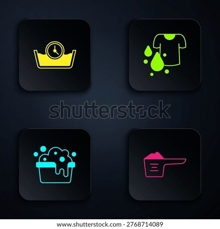 Set Washing powder, Time wash, Basin with soap suds and Dirty t-shirt. Black square button. Vector
