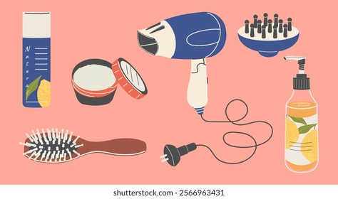 A set for washing and styling hair at home: hair dryer, comb, shampoo, conditioner, gel. Flat vector illustration.