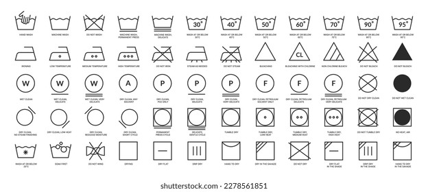 Set of washing symbol, laundry care icons. Clothes washing instruction vector illustration