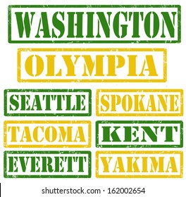 Set of Washington cities stamps on white background, vector illustration svg