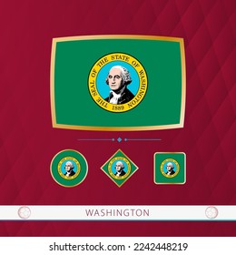 Set of Washington flags with gold frame for use at sporting events on a burgundy abstract background. Vector collection of flags.