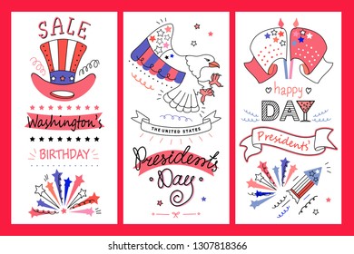 Set of Washington's birthday, Presidents' Day greeting cards design vector illustration
