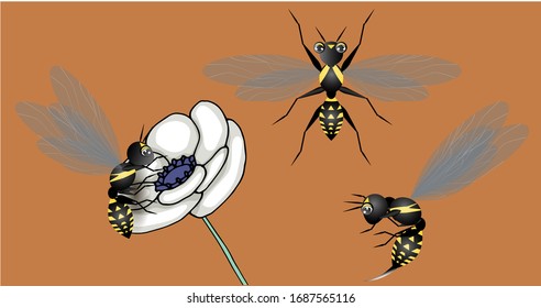 
set of wasp in different poses in a cardboard style on an orange background