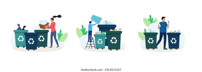 Set of waste collection and recycling concept. Cartoon characters standing near containers for different waste. Green environment, help planet concept. Flat vector illustration in blue colors