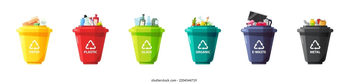 Set of waste container. Waste segregation. Sorting garbage by material and type in colored trash cans. Ecology save concept. Flat cartoon vector illustration.