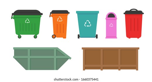 Set of waste dumpsters for street and home. Trash cans, recycle bins collection. Vector icon illustration on white background.