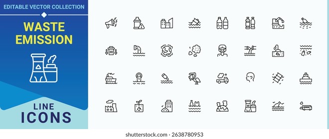 Set of Waste Emission line icon. Featuring dust, smoke, dirty, damage, eco and more. Pollution line icon set. Line icons with editable stroke. Editable stroke. Vector illustration.