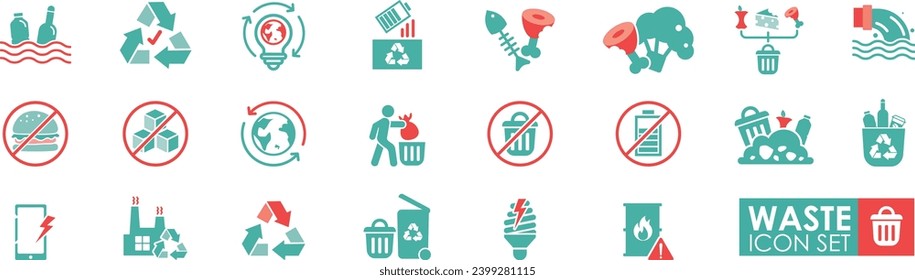 Set of waste icons. Garbage disposal. Trash separation, and waste sorting with further recycling. vector illustration. Solid icon style.