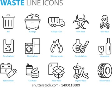 set of waste icons, such as garbage, recycle, pastic, glass