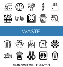 Set of waste icons such as Pollution, Drain, Sewer, Garbage, Clean energy, Compost, Cartridge, Recycle bin, Plastic bag, Waste, Trash, Garbage truck, Recycle, Garbage bin , waste