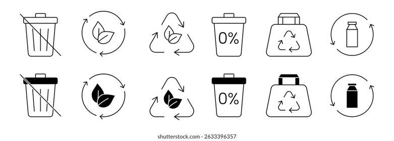 Conjunto de coleta de ícones de gerenciamento de resíduos. Zero resíduos, compostagem, incineração, redução de resíduos, descarte de lixo, símbolo de triagem de resíduos.